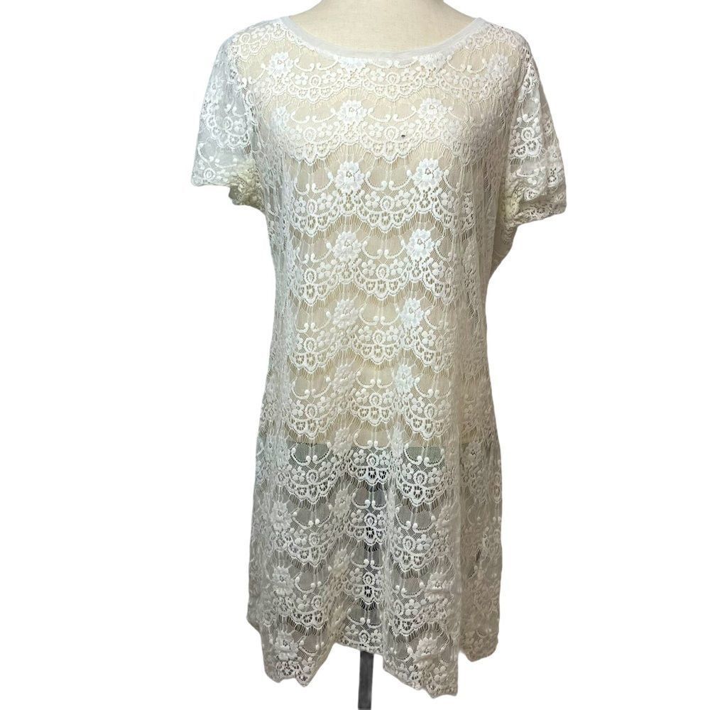 Forever 21 solid White Lace Short Sleeve Dress Size L – Elegant, Feminine & Chic
